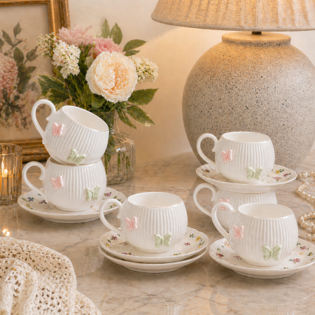 طقم فناجين شاي أنيق مكوّن من 6 فناجين مع صحونهم 6-17